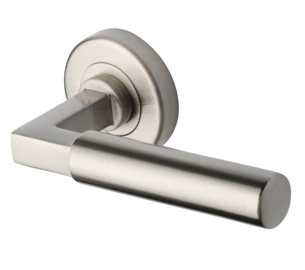 Heritage Brass Bauhaus Satin Nickel Door Handles On Round Rose (Sold In Pairs)