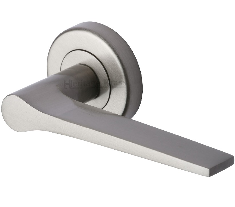 Heritage Brass Gio Satin Nickel Door Handles On Round Rose (Sold In Pairs)