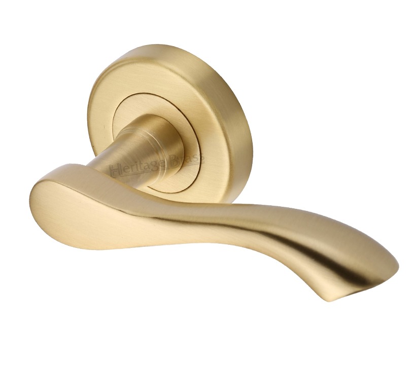 Heritage Brass Algarve Satin Brass Door Handles On Round Rose (Sold In Pairs)