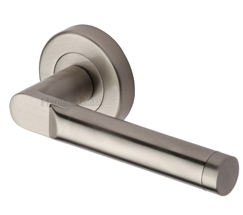 Heritage Brass Celia Satin Nickel Door Handles On Round Rose (Sold In Pairs)