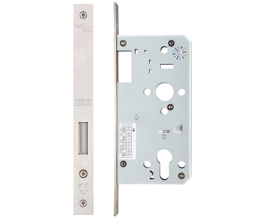 Zoo Hardware Vier 72Mm C/C Din Dead Lock (Square Or Radius Profile), Satin Stainless Steel