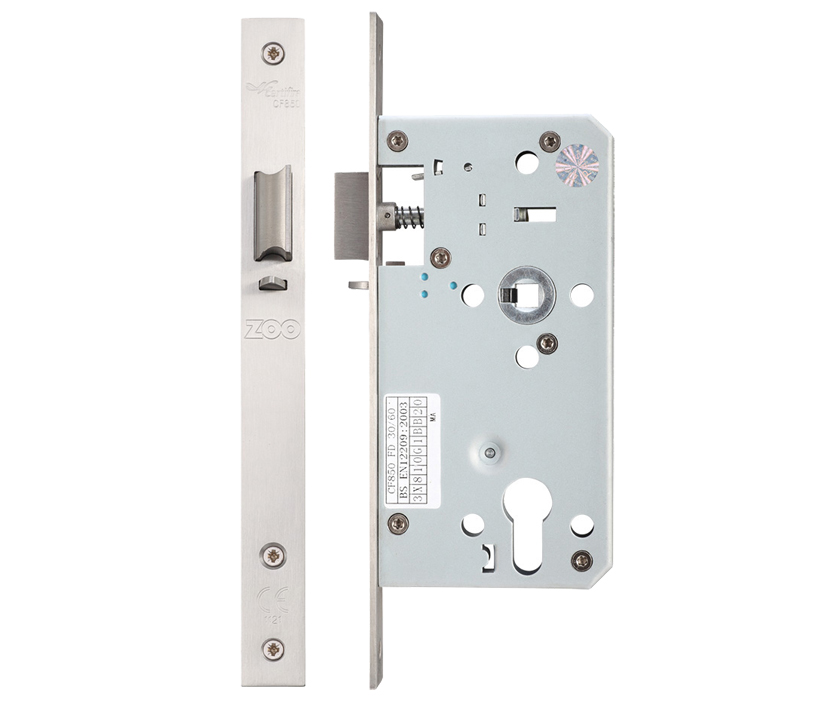 Zoo Hardware Vier 72Mm C/C Din Night Latch (Square Or Radius Profile), Satin Stainless Steel