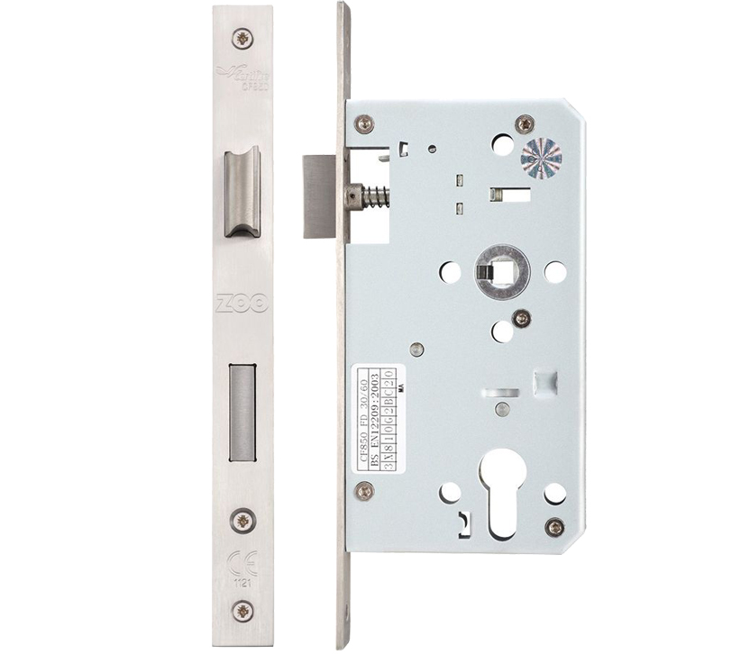 Zoo Hardware Vier 72Mm C/C Din Single Throw Euro Sash Lock (Square Or Radius Profile), Satin Stainless Steel