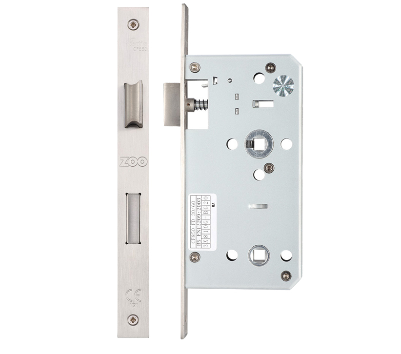 Zoo Hardware Vier 78Mm C/C Din Bathroom Lock (Square Or Radius Profile), Satin Stainless Steel