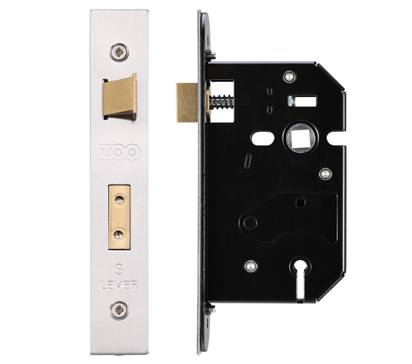 Zoo Hardware 3 Lever Uk Replacement Sash Lock (65.5Mm Or 78Mm), Satin Stainless Steel