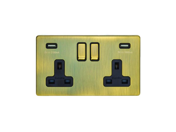 Eurolite Ab2Usbb 2 Gang 13Amp Switched Socket With Combined 3.1 Amp Usb Outlet Flat Concealed Antique Plate Matching Rockers