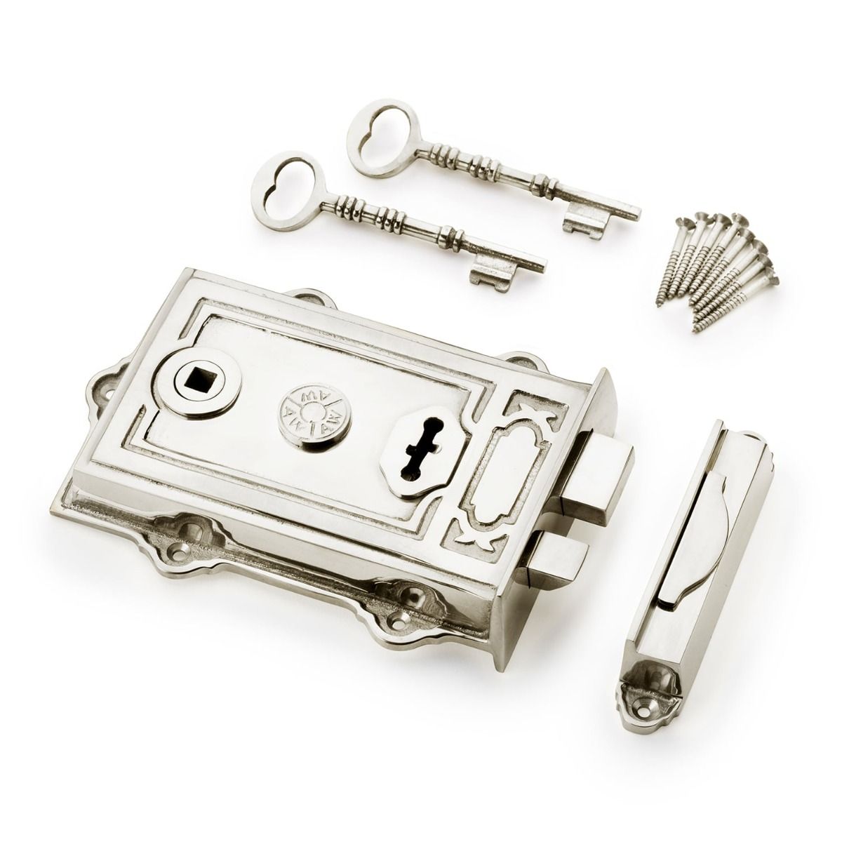 Alexander And Wilks Keswick Rim Lock C/W Keep & 2 Keys Polished Nickel AW100PN