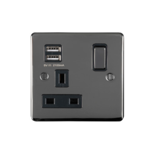 Eurolite Bn1Usbbnb 1 Gang 13Amp Switched Socket With 2.1 Amp Usb Outlet Round Edge Black Nickel Plate Matching Rocker Black Trim