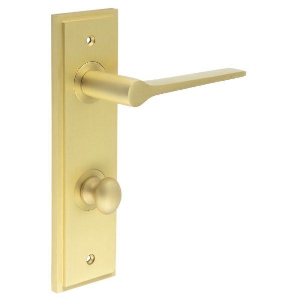 Knightsbridge Door Handle Din Bathroom Backplate Satin Brass & Turn & Release