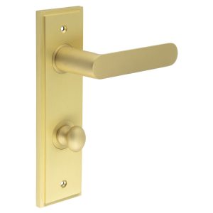 Kensington Door Handle Din Bathroom Backplate Satin Brass & Turn & Release