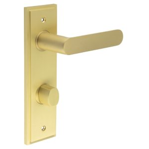 Kensington Door Handle Din Bathroom Backplate Satin Brass & Turn & Release