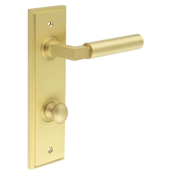 Westminster Door Handle Din Bathroom Backplate Satin Brass & Turn & Release