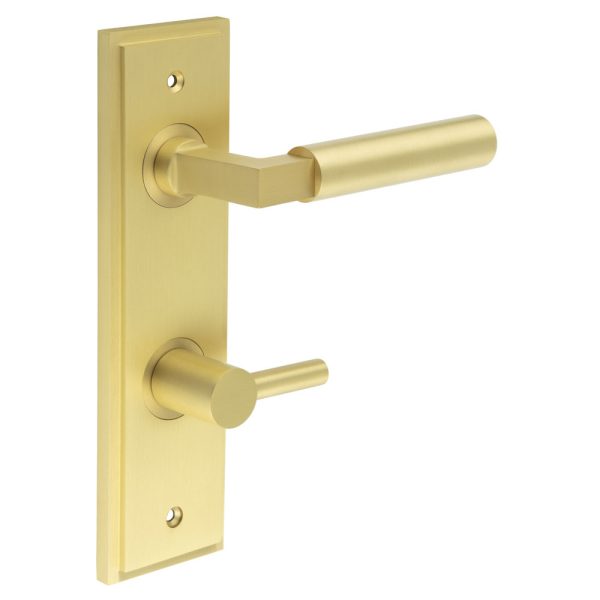 Westminster Door Handle Din Bathroom Backplate Satin Brass & Turn & Release