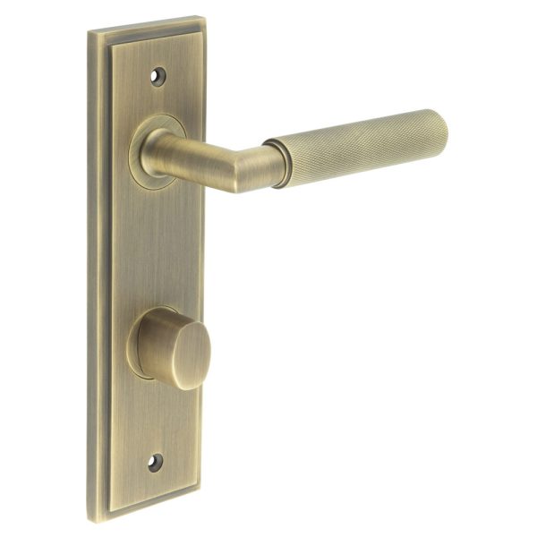 Piccadilly Door Handle Din Bathroom Backplate Antique Brass & Turn & Release