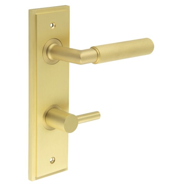 Piccadilly Door Handle Bathroom Din Backplate Satin Brass & Turn & Release