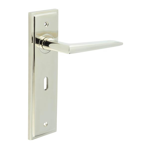 Mayfair Door Handle Lock Backplate Polished Nickel