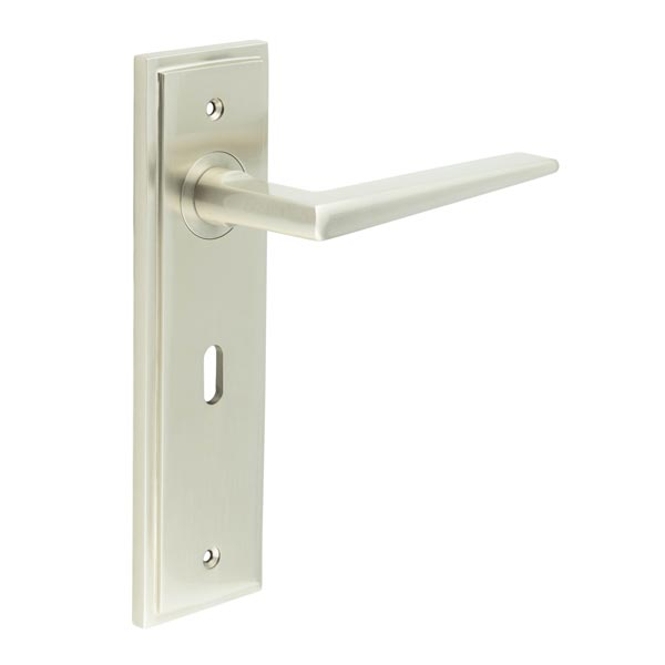 Mayfair Door Handle Lock Backplate Satin Nickel