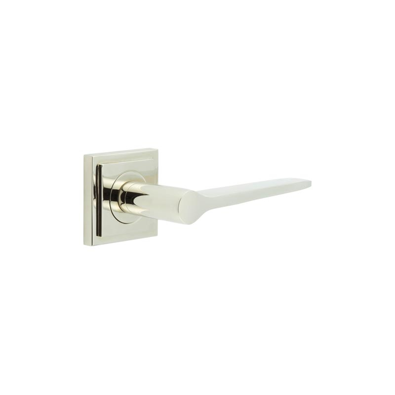 Knightsbridge Door Handle on Square Stepped Rose Polished Nickel