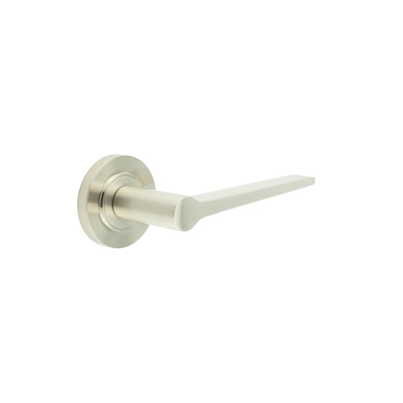 Knightsbridge Door Handle on Chamfered Rose Satin Nickel