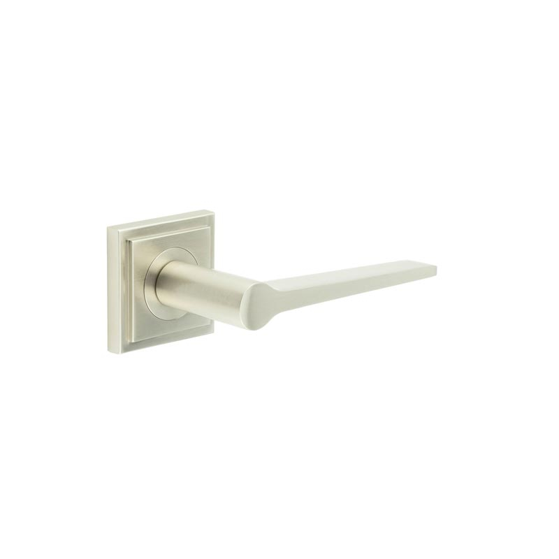 Knightsbridge Door Handle on Square Stepped Rose Satin Nickel