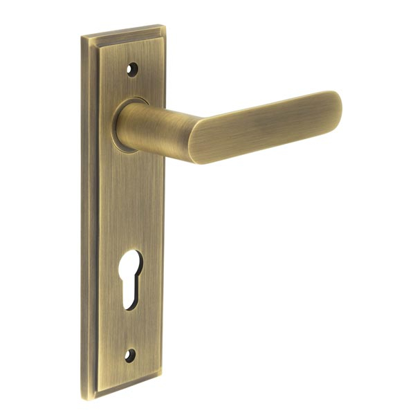 Kensington Door Handle Din Euro Backplate Antique Brass