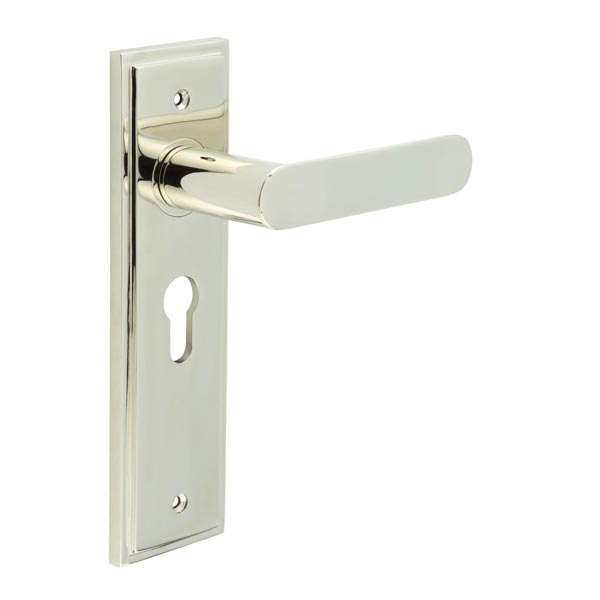 Kensington Door Handle Euro Backplate Polished Nickel