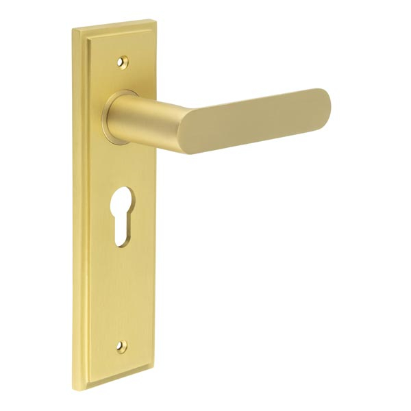 Kensington Door Handle Euro Backplate Satin Brass