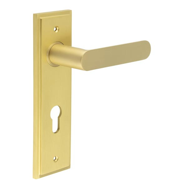 Kensington Door Handle Din Euro Backplate Satin Brass