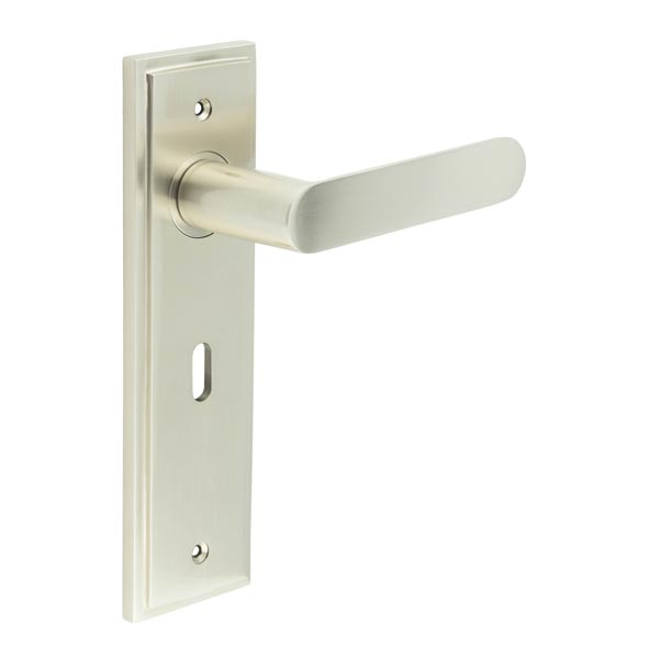 Kensington Door Handle Lock Backplate Satin Nickel