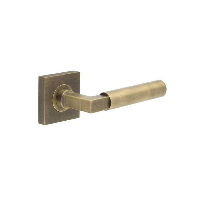 Westminster Door Handle on Square Plain Rose Antique Brass