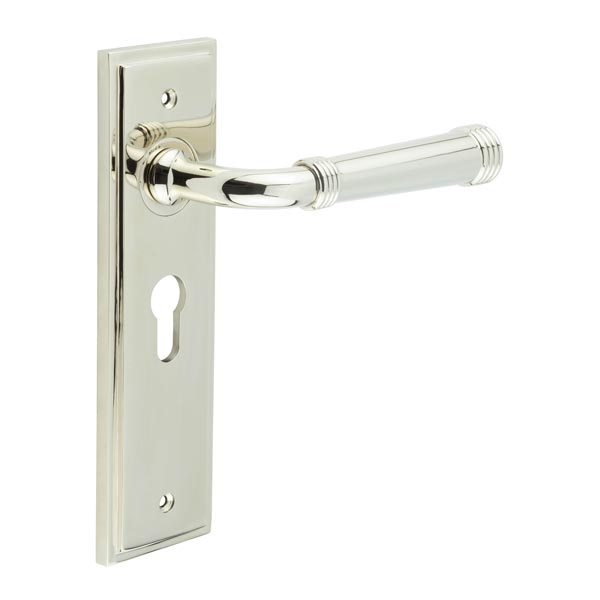 Highgate Door Handle Euro Backplate Polished Nickel