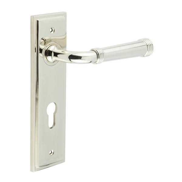 Highgate Door Handle Din Euro Backplate Polished Nickel