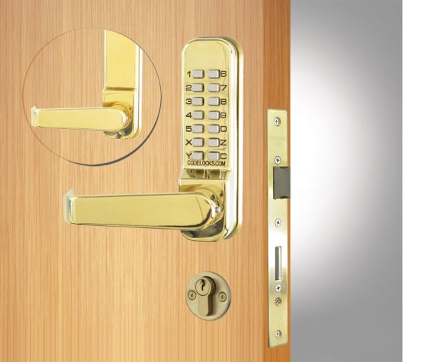 CODELOCKS 420 Mechanical Digital Locks 400 series with Anti-Panic Mort.Lock D/Cyl PVD Polished Brass