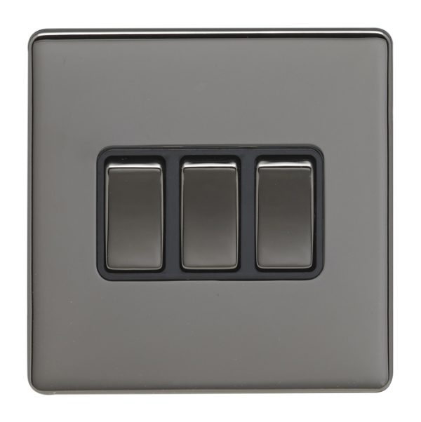 Eurolite Ecbn3Swbnb 3 Gang 10Amp 2Way Switch Concealed Black Nickel Plate Matching Rockers Black Trim