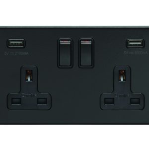 Eurolite Ecmb2Usbb 2 Gang 13Amp Dp Switched Socket With Combined 3.1 Amp Usb Outlets Flat Concealed Matt Black Plate Black Rockers