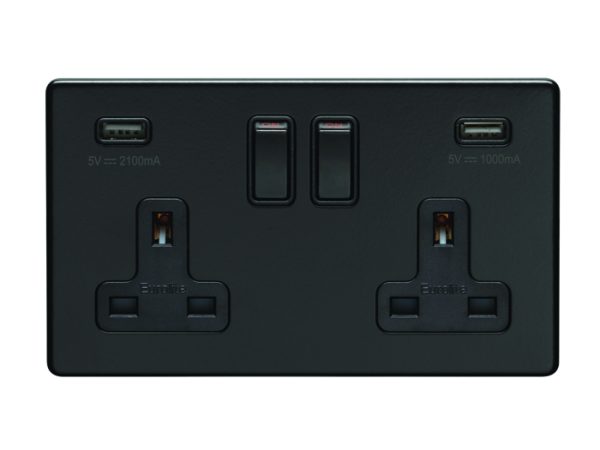 Eurolite Ecmb2Usbb 2 Gang 13Amp Dp Switched Socket With Combined 3.1 Amp Usb Outlets Flat Concealed Matt Black Plate Black Rockers