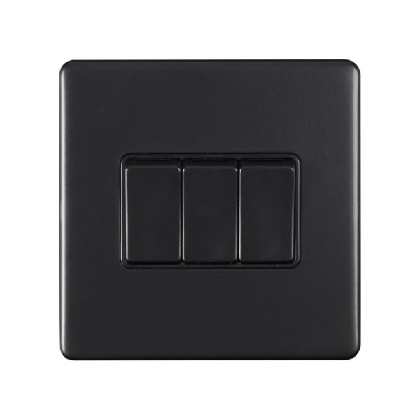 Eurolite Ecmb3Swb 3 Gang 10Amp 2Way Switch Flat Concealed Matt Black Plate Black Rockers