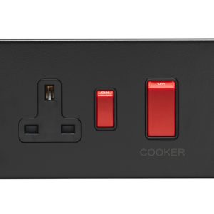 Eurolite Ecmb45Aswasb 45Amp Dp Cooker Switch With 13Amp Socket Flat Concealed Matt Black Plate Red Rockers