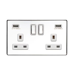 Eurolite ECPC2USPCW  2 Gang 13Amp Switched Socket With Combined 3.1Amp Usb Outlets Concealed Polished Chrome Plate Matching Rockers White Trim