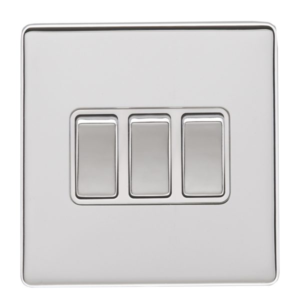 Eurolite Ecpc3Swpcw 3 Gang 10Amp 2Way Switch Concealed Polished Chrome Plate Matching Rockers White Trim