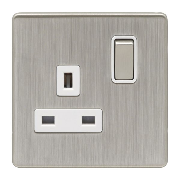 Eurolite Ecsn1Sosnw 1 Gang 13Amp Dp Switched Socket Concealed Satin Nickel Plate Matching Rocker White Trim