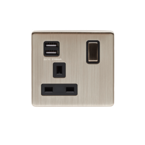 Eurolite Ecsn1Usbsnb 1 Gang 13Amp Switched Socket With 2.1 Amp Usb Outlet Concealed Satin Nickel Plate Matching Rocker Black Trim