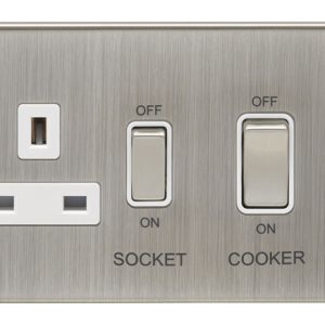 Eurolite Ecsn45Aswassnw 45Amp Dp Cooker Switch With 13Amp Socket Concealed Satin Nickel Plate Matching Rockers White Trim