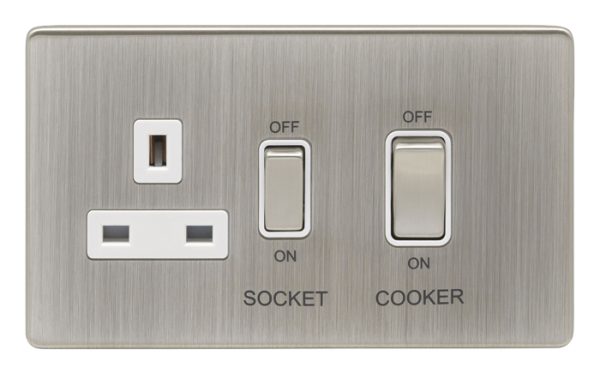 Eurolite Ecsn45Aswassnw 45Amp Dp Cooker Switch With 13Amp Socket Concealed Satin Nickel Plate Matching Rockers White Trim