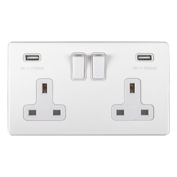 Eurolite Ecw2Usbw 2 Gang 13Amp Dp Switched Socket With Combined 3.1 Amp Usb Outlets Flat Concealed White Plate White Rockers