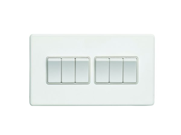 Eurolite Ecw6Sww 6 Gang 10Amp 2Way Switch Flat Concealed White Plate White Rockers