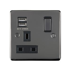 Eurolite Efbn1Usbbnb 1 Gang 13Amp Switched Socket With 2.1 Amp Usb Outlet Enhance Flat Black Nickel Plate Matching Rocker Black Trim