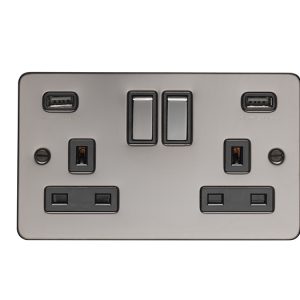 Eurolite Efbn2Usbbnb 2 Gang 13Amp Switched Socket With A Comb 3.1 Amp Usb Outlet Enhance Flat Black Nickel Plate Matching Rockers Black Trim