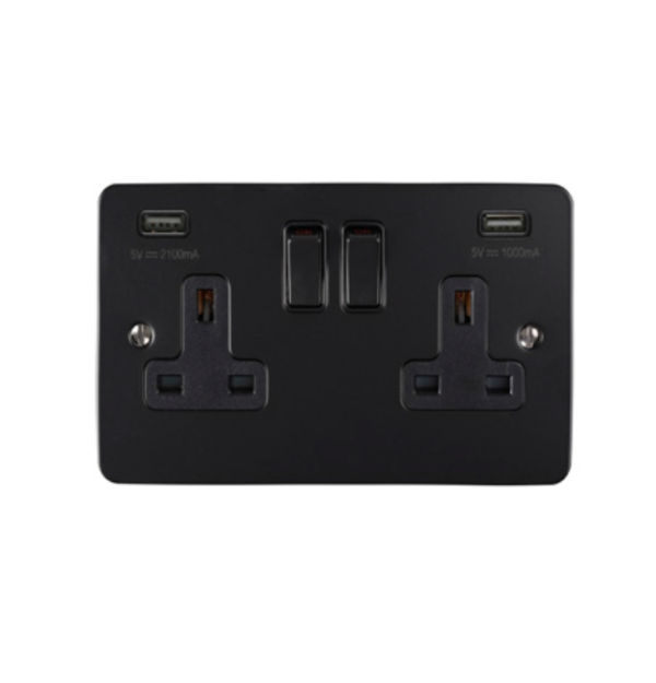 Eurolite Efmb2Usbmbb 2 Gang 13Amp Switched Socket With Comb 3.1 Amp Usb Outlets Matt Black Black Trim