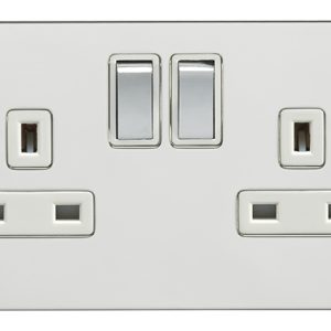 Eurolite EFPSs2SOPSW 2 Gang 13Amp DP Switched Socket Enhance Flat Polished Stainless Steel Plate Matching Rockers White Trim